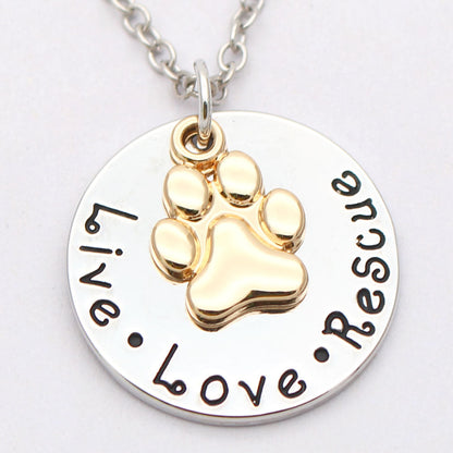 Pet Lover Dog Paw Necklace or Keychain "Live · Love · Rescue"