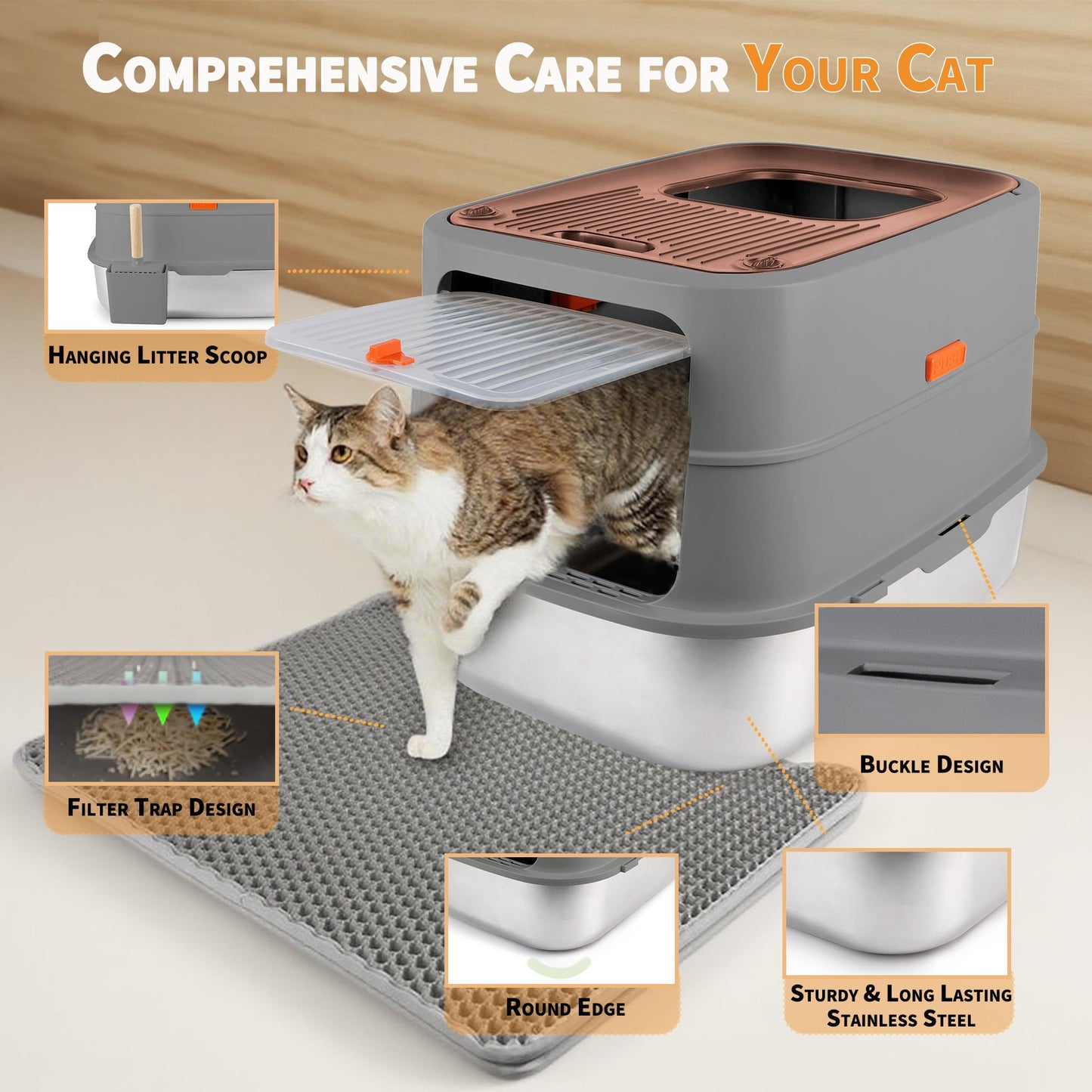 Go Fresh - Cat Litter Box - 2 Entries Hooded Cat Litter Box With Stainless Steel Base - Doot's Pet LLC Collars For A Cause