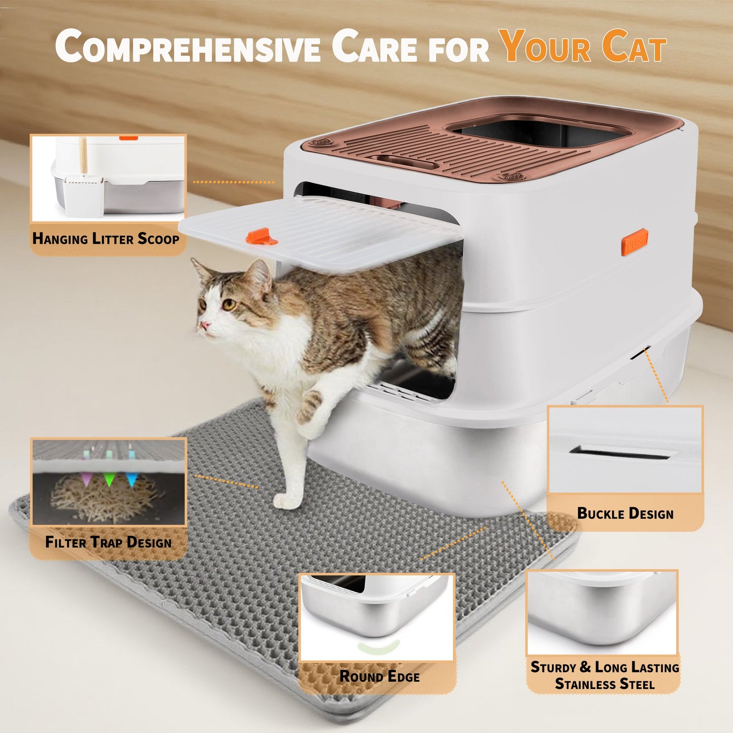 Go Fresh - Cat Litter Box - 2 Entries Hooded Cat Litter Box With Stainless Steel Base - Doot's Pet LLC Collars For A Cause