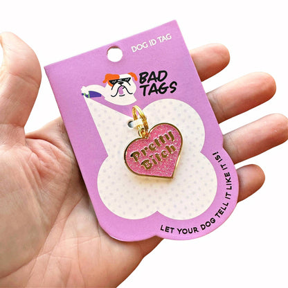 Bad Tags - 

Pink Glitter Heart Shaped Gold Dog Tag - Pretty Bitch - Engraved QR Code / Large 1.25"