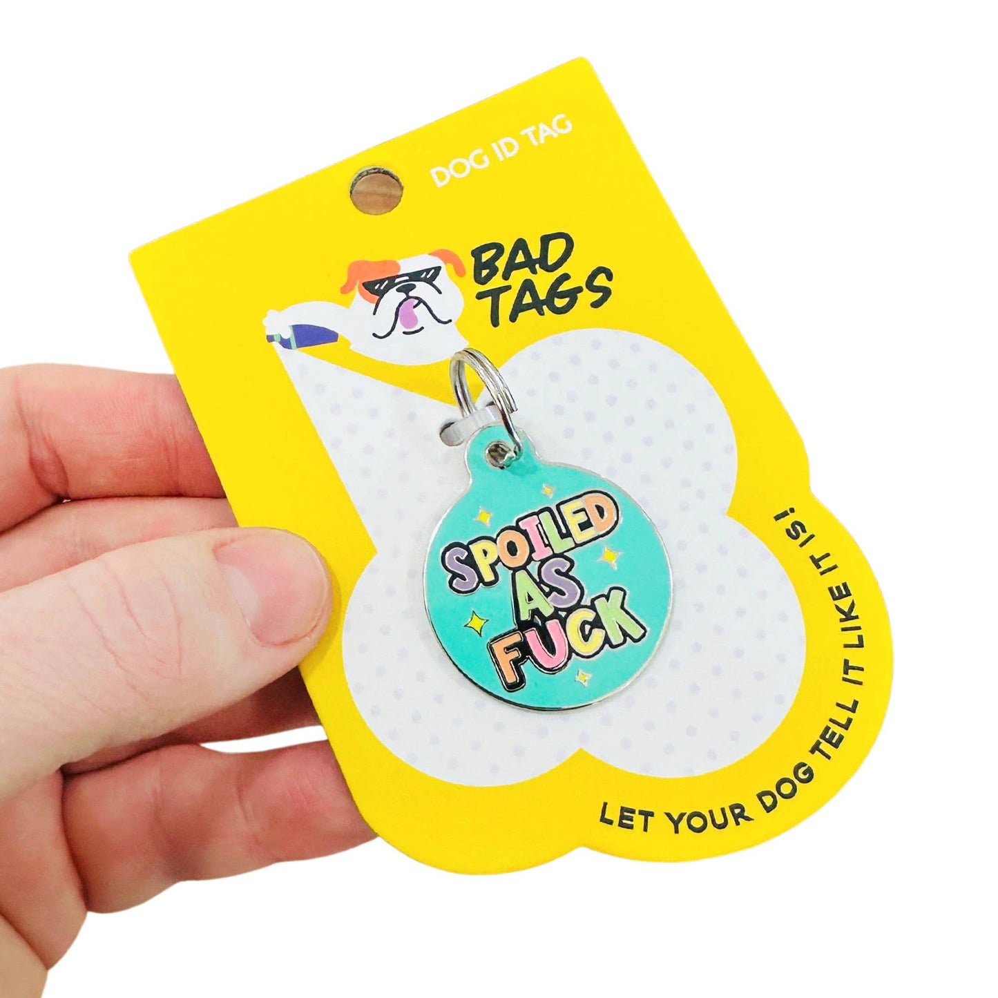 Bad Tags - Personalized Dog ID Tag w/ Scannable Code - Spoiled As Fuck - Engraved QR Code / Large 1.25"