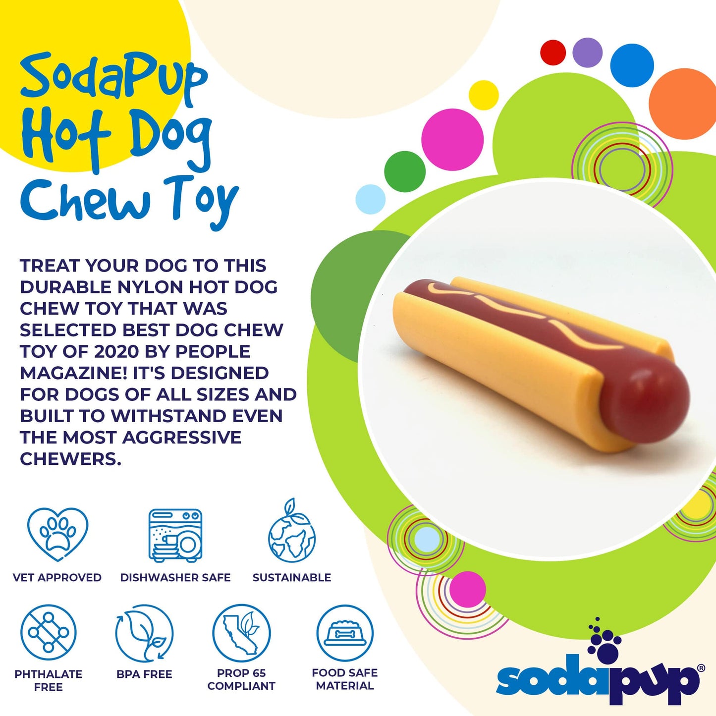 Hot Dog Nylon Dog Toy for Aggressive Chewers | USA Made | SodaPup - Doot's Pet LLC Collars For A Cause