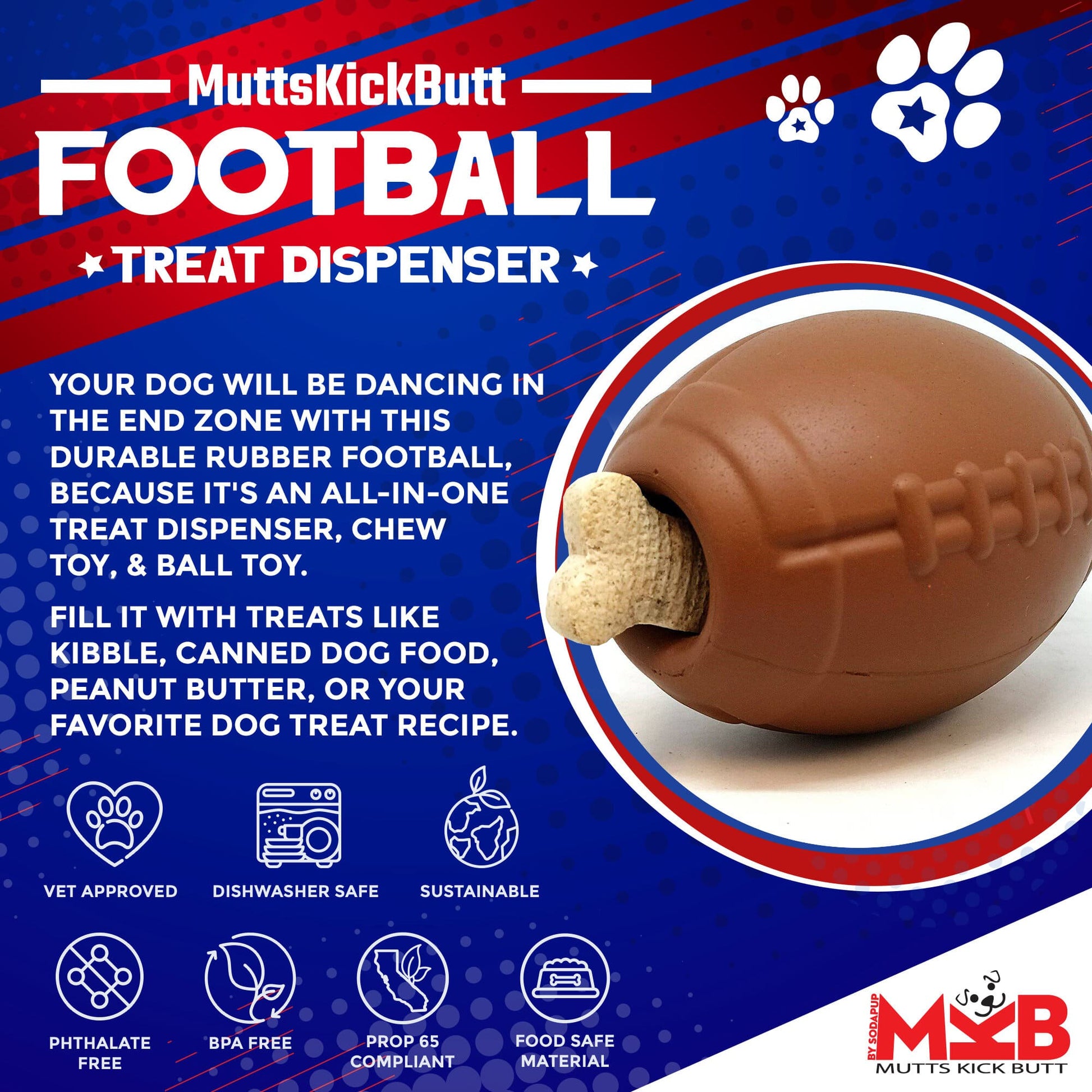 Football eDispenser Durable Rubber Chew Toy and Treat Dispenser - Doot's Pet LLC Collars For A Cause