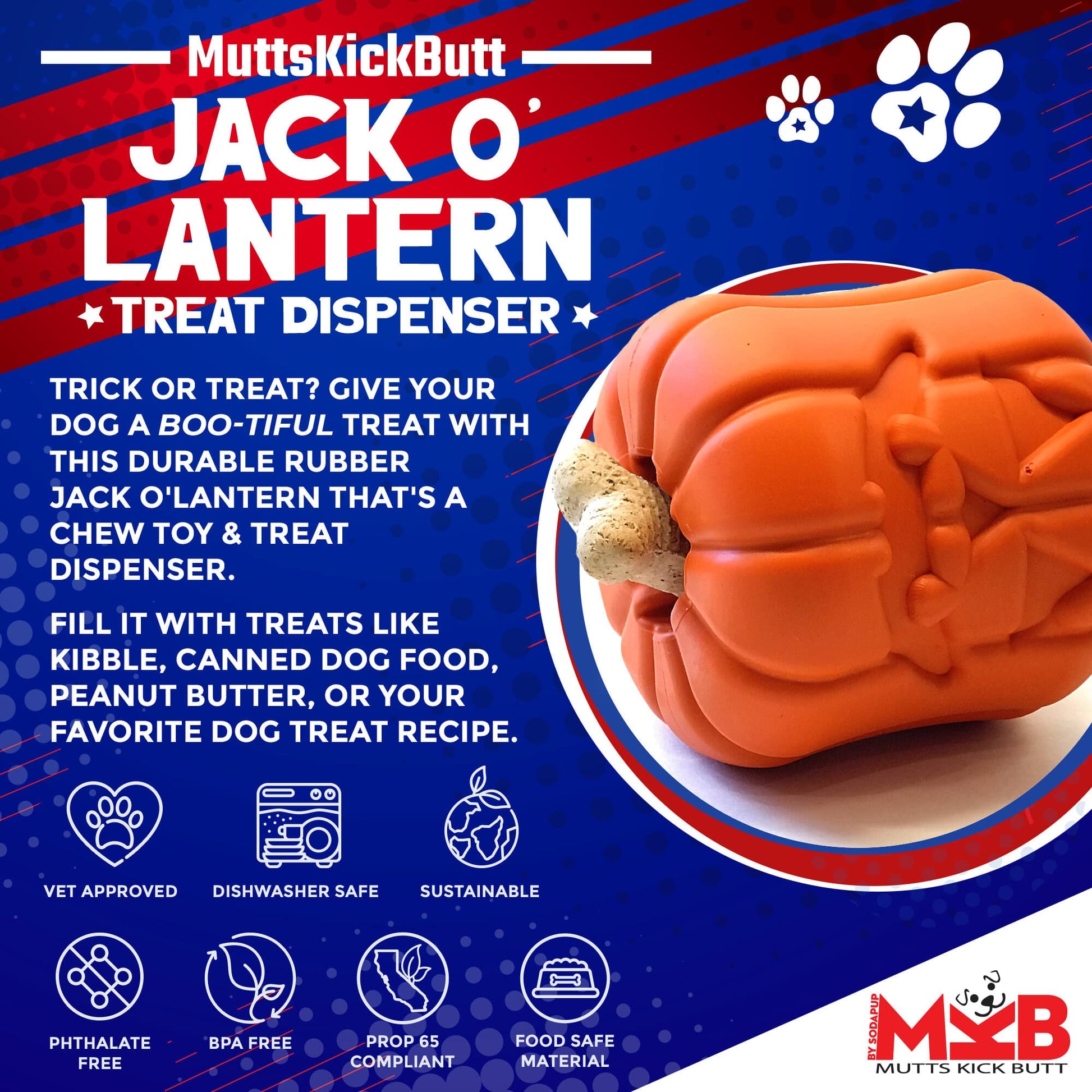 Jack O' Lantern eDispener Durable Rubber Chew Toy & Treat Dispenser - Doot's Pet LLC Collars For A Cause