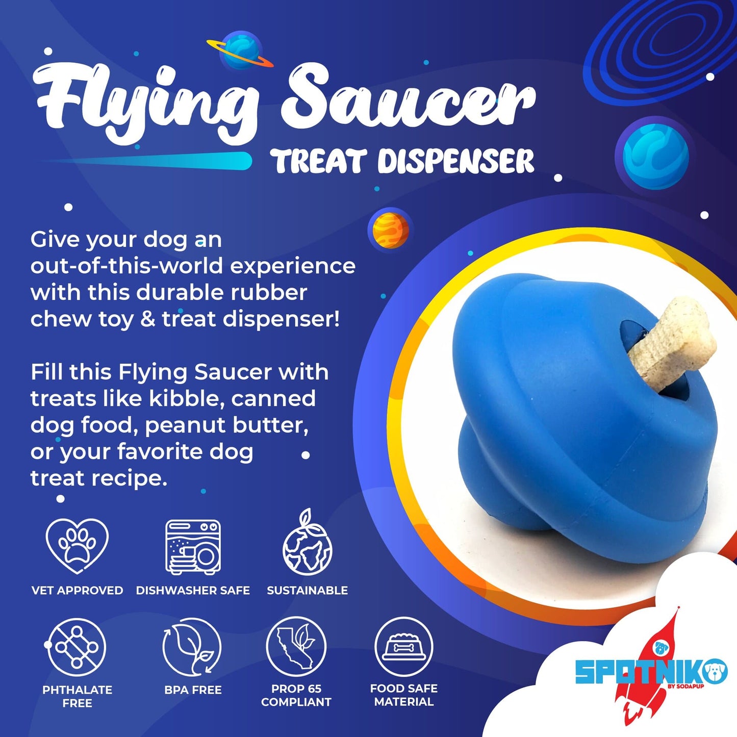 Flying Saucer eDispenser Durable Rubber Chew Toy & Treat Dispenser - Doot's Pet LLC Collars For A Cause