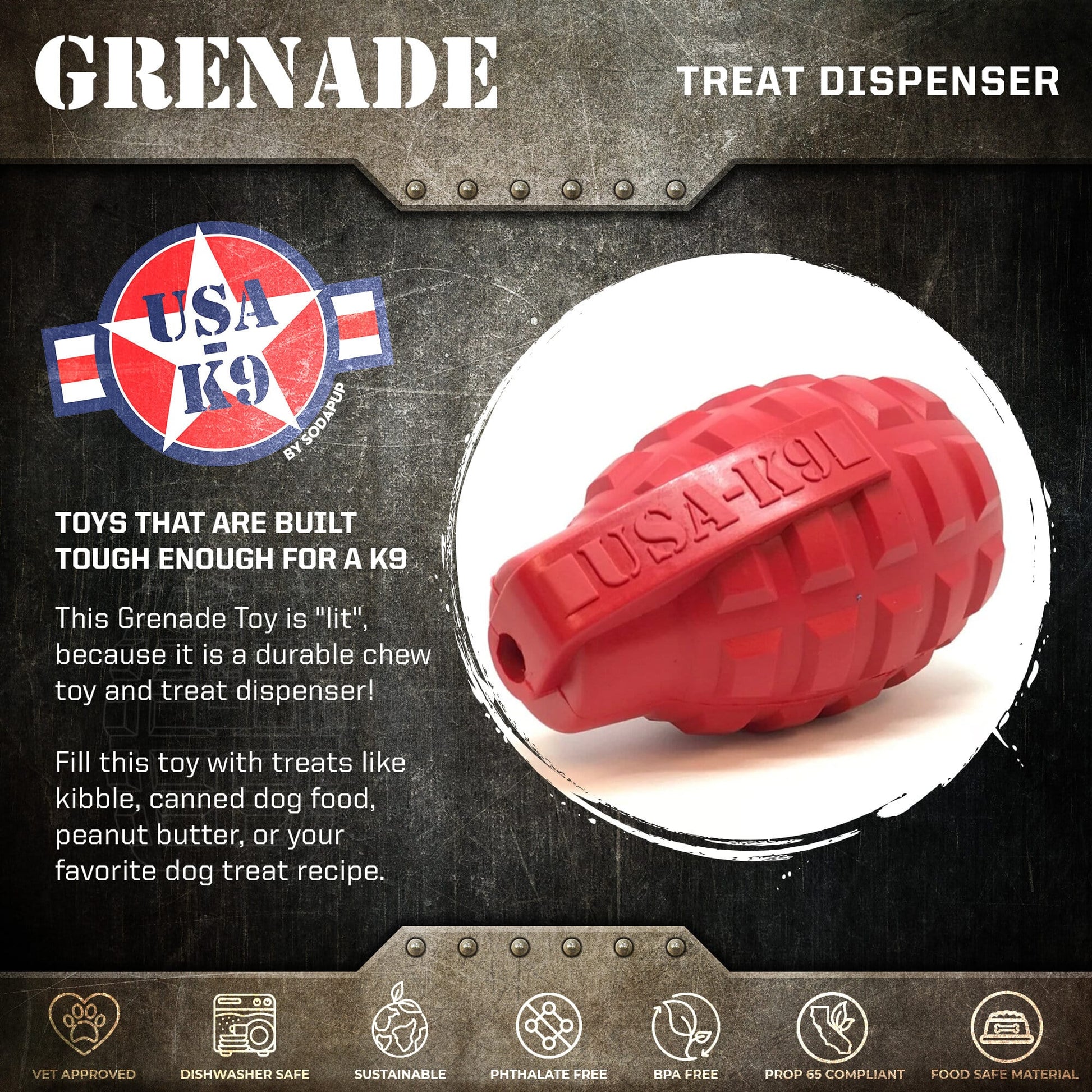 Grenade Shaped eDispenser Durable Dog Chew Toy & Treat Dispenser - Magnum Black - Doot's Pet LLC Collars For A Cause