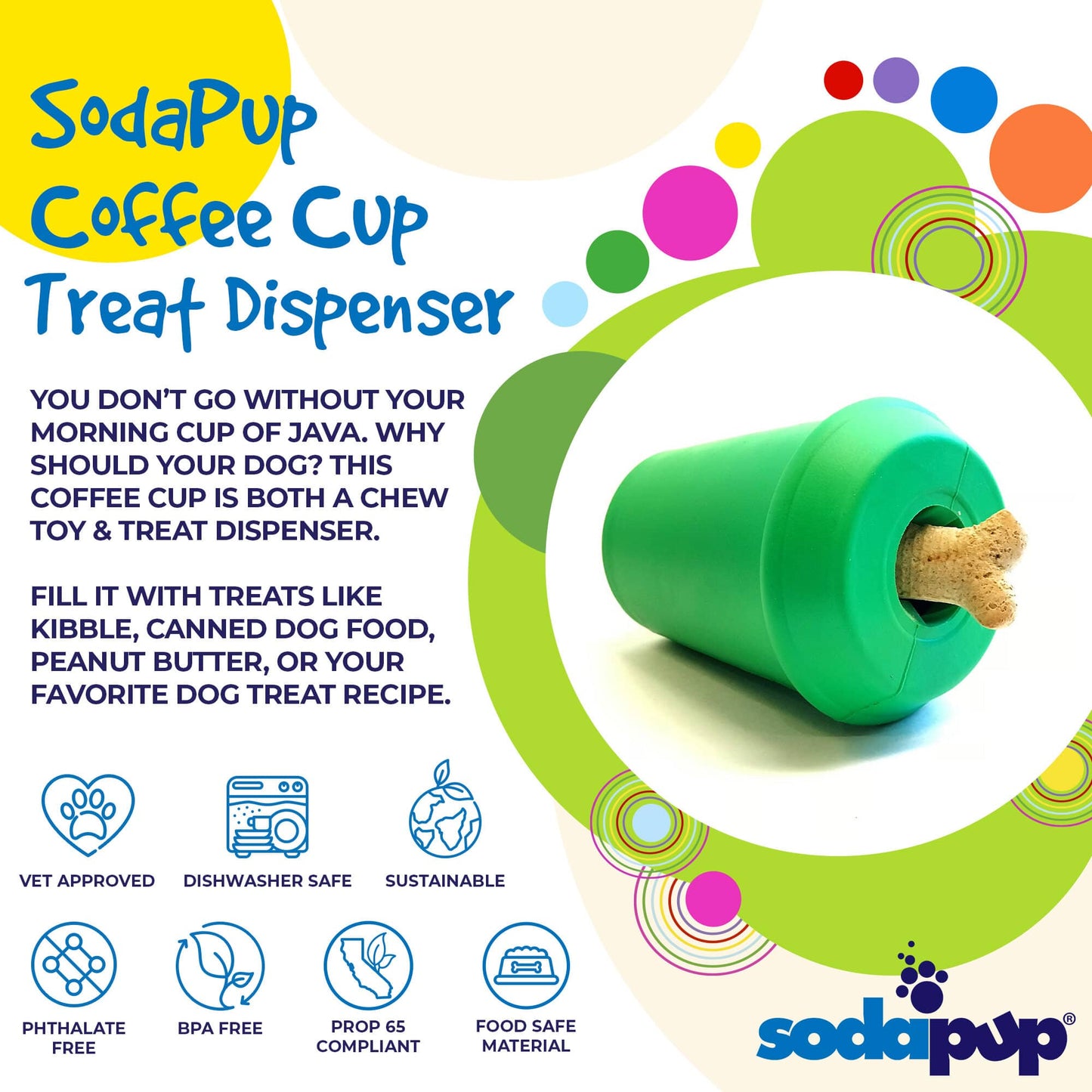 Coffee Cup eDispener Durable Rubber Chew Toy and Treat Dispenser - Doot's Pet LLC Collars For A Cause
