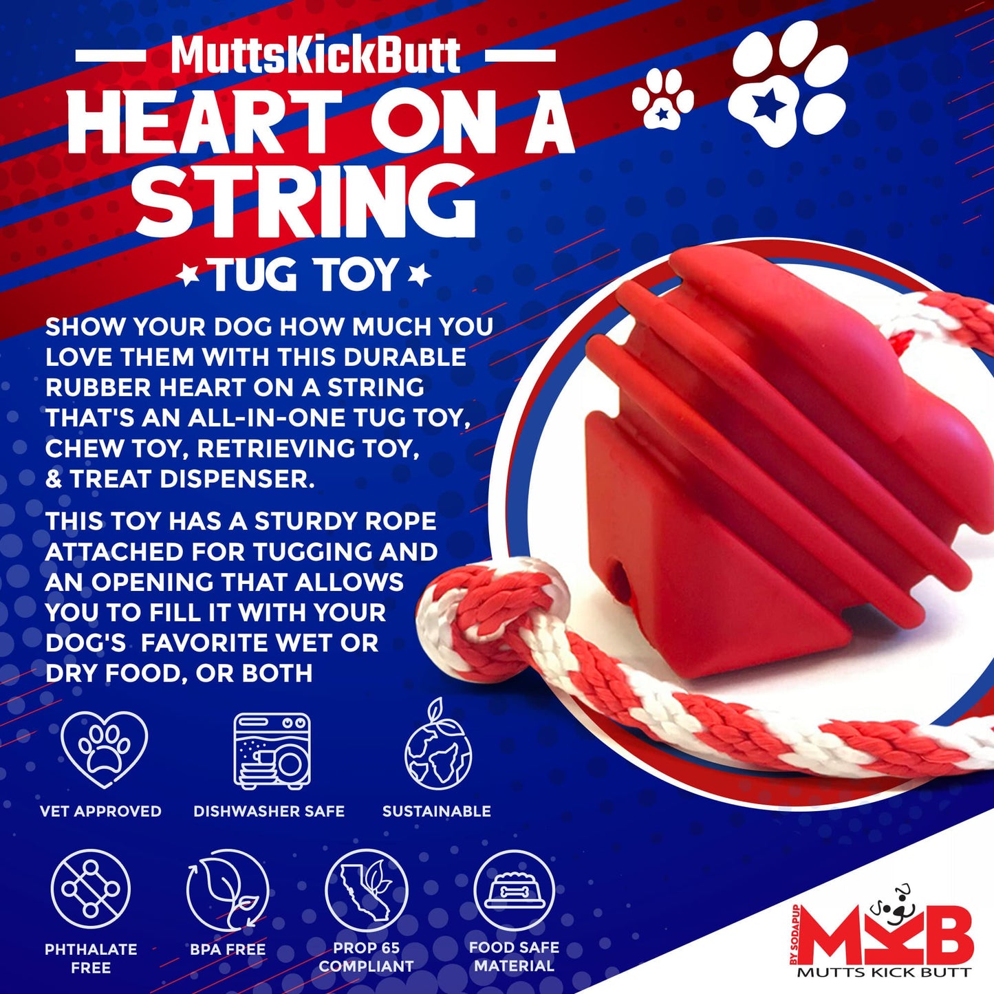 Large Rubber Heart on a String Toy - Doot's Pet LLC Collars For A Cause