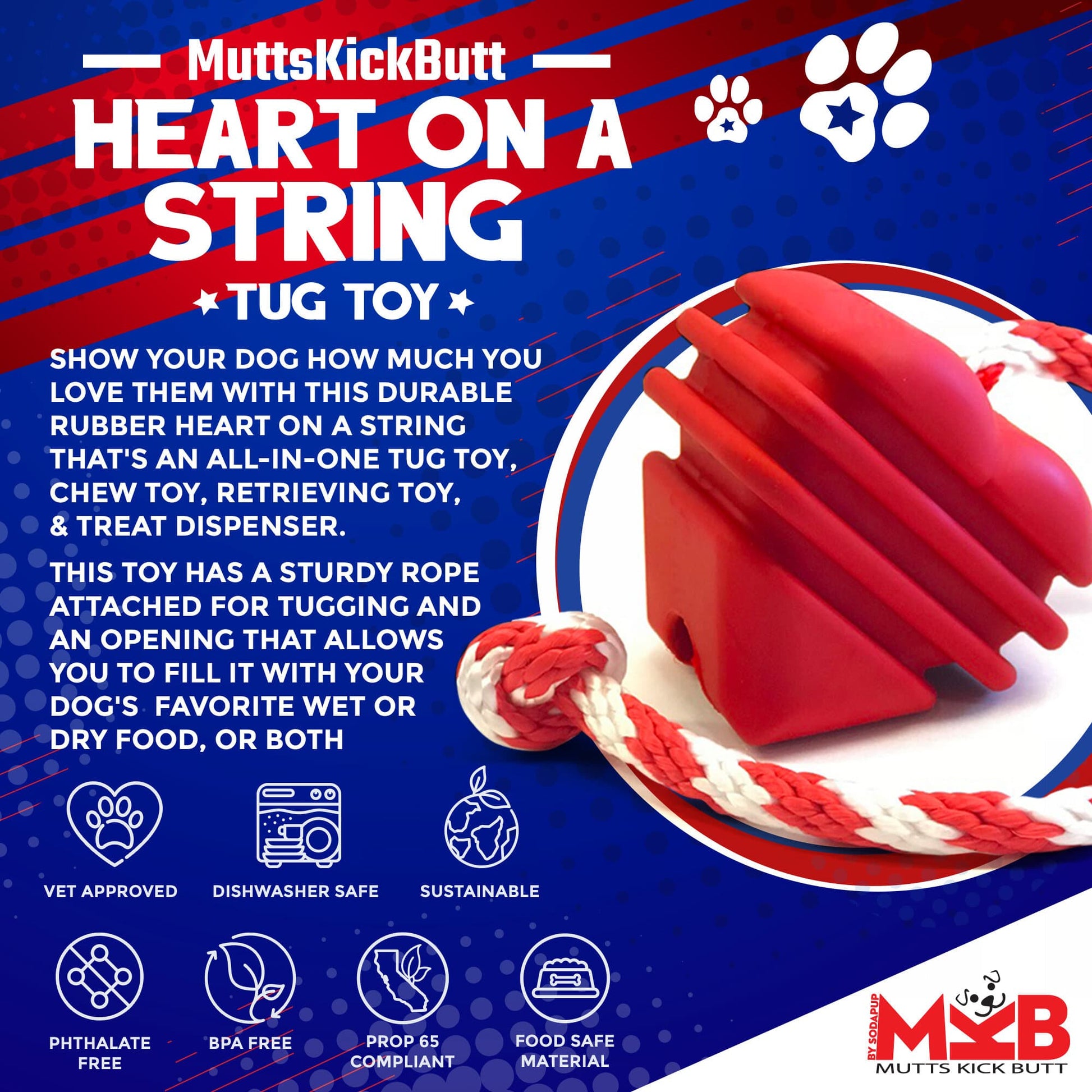 Large Rubber Heart on a String Toy - Doot's Pet LLC Collars For A Cause