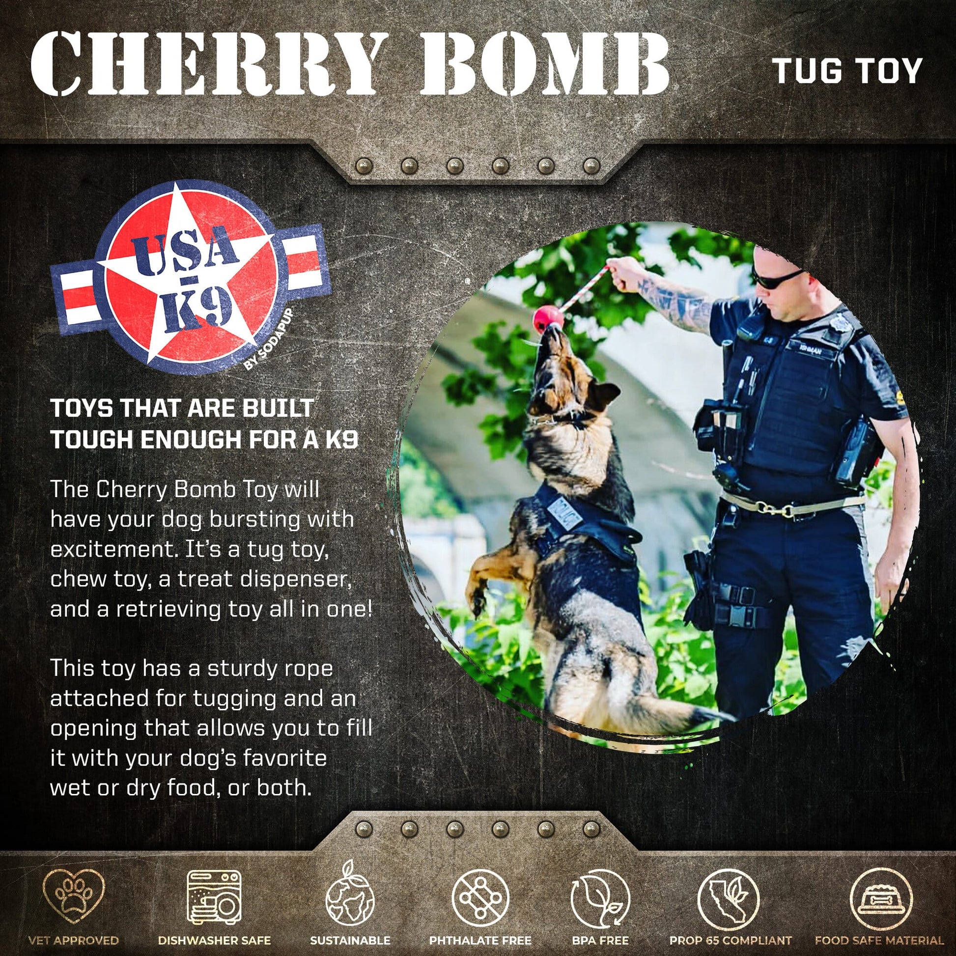 USA-K9 Cherry Bomb Durable Rubber Chew Toy, Treat Dispenser, Reward Toy, Tug Toy, and Retrieving Toy - Doot's Pet LLC Collars For A Cause