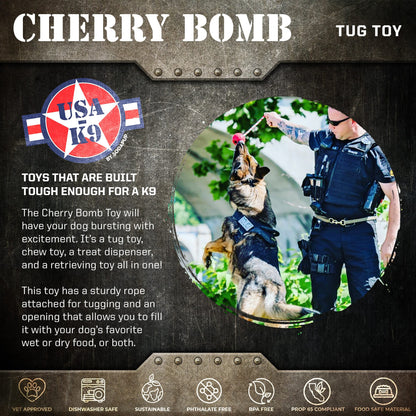 USA-K9 Cherry Bomb Durable Rubber Chew Toy, Treat Dispenser, Reward Toy, Tug Toy, and Retrieving Toy - Doot's Pet LLC Collars For A Cause