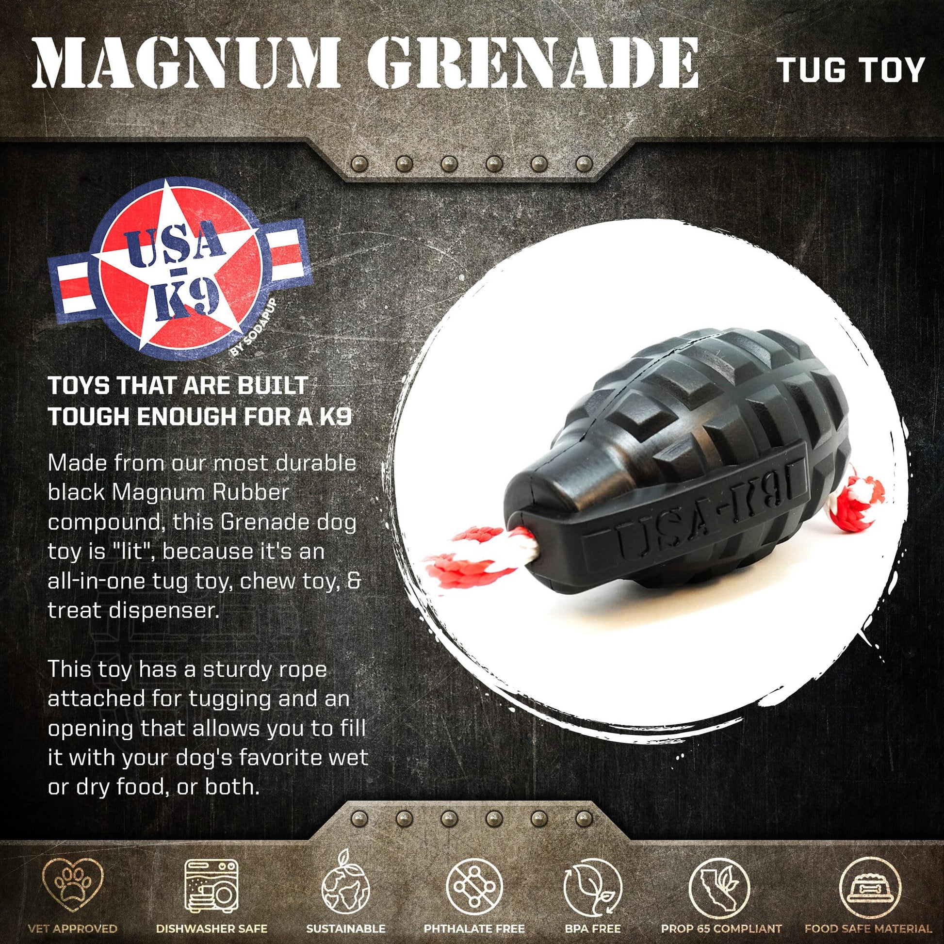 USA-K9 Magnum Grenade Shaped Durable Rubber Chew Toy, Treat Dispenser, Reward Toy, Tug Toy, and Retrieving Toy - Black Magnum - Doot's Pet LLC Collars For A Cause