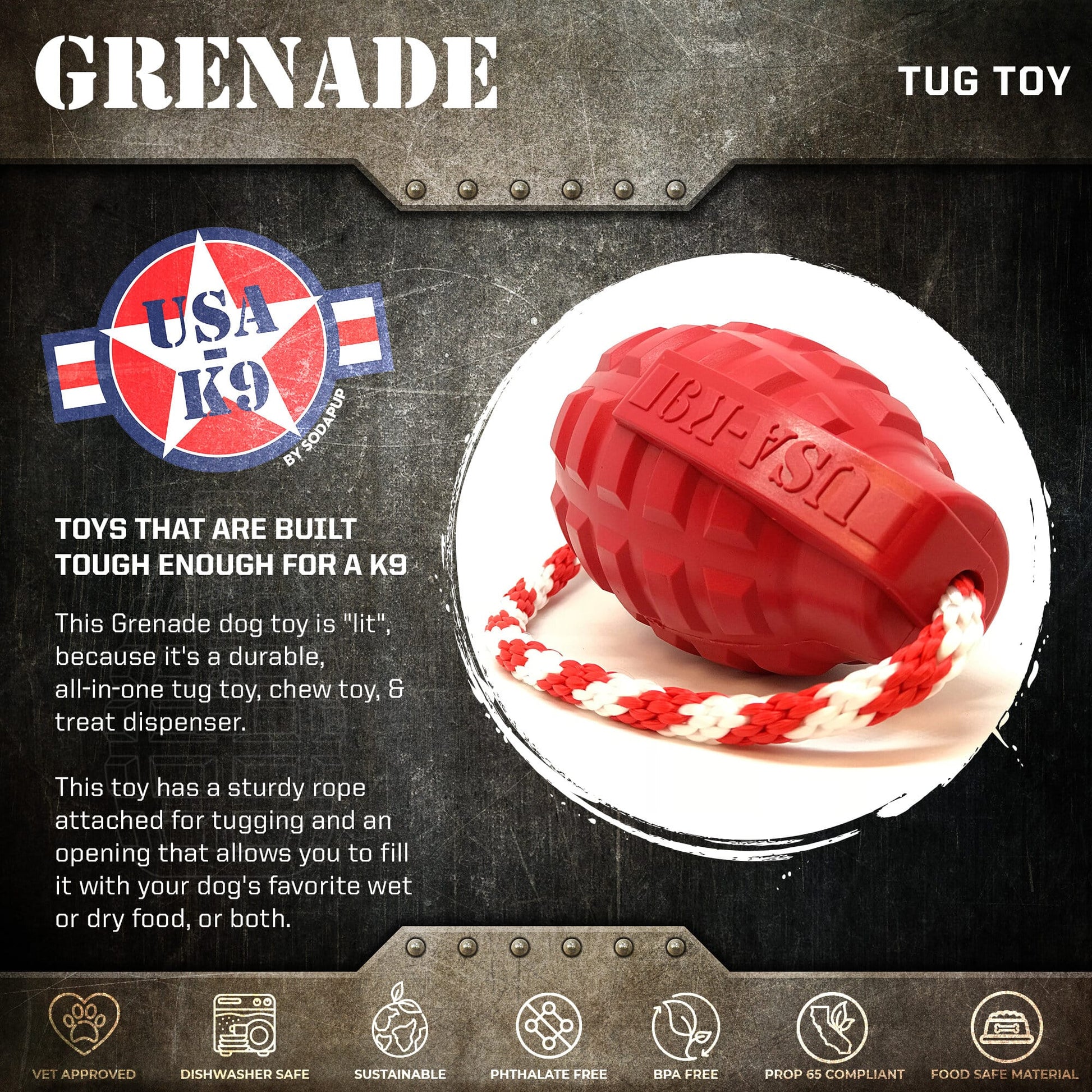 USA-K9 Grenade Shaped Durable Rubber Chew Toy, Treat Dispenser, Reward Toy, Tug Toy, and Retrieving Toy - Doot's Pet LLC Collars For A Cause