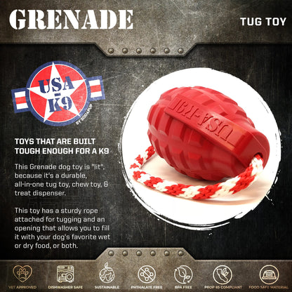 USA-K9 Grenade Shaped Durable Rubber Chew Toy, Treat Dispenser, Reward Toy, Tug Toy, and Retrieving Toy - Doot's Pet LLC Collars For A Cause