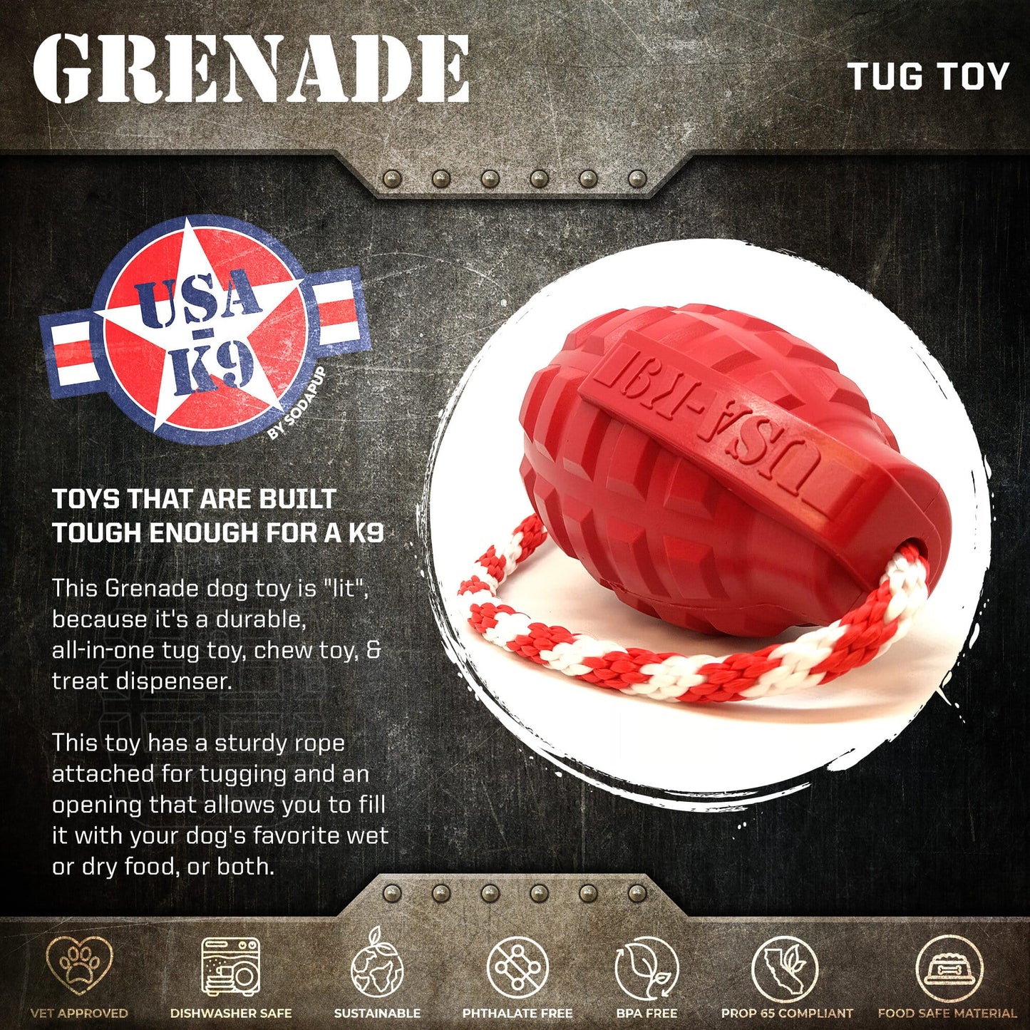 USA-K9 Grenade Shaped Rubber Dog Toy - Chew, Treat Dispenser & Tug Toy | USA - Army Green - Doot's Pet LLC Collars For A Cause