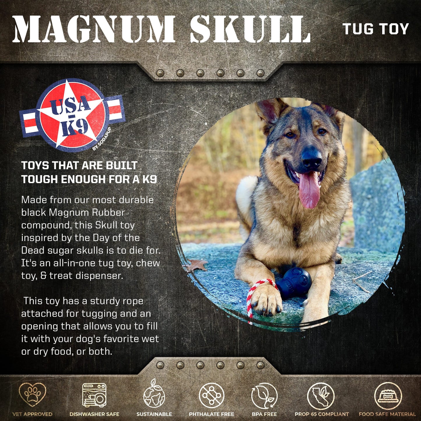 USA-K9 Magnum Skull Durable Rubber Chew Toy, Treat Dispenser, Reward Toy, Tug Toy, and Retrieving Toy - Black Magnum - Doot's Pet LLC Collars For A Cause