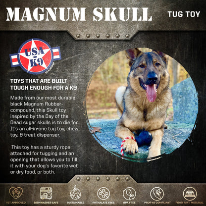 USA-K9 Magnum Skull Durable Rubber Chew Toy, Treat Dispenser, Reward Toy, Tug Toy, and Retrieving Toy - Black Magnum - Doot's Pet LLC Collars For A Cause