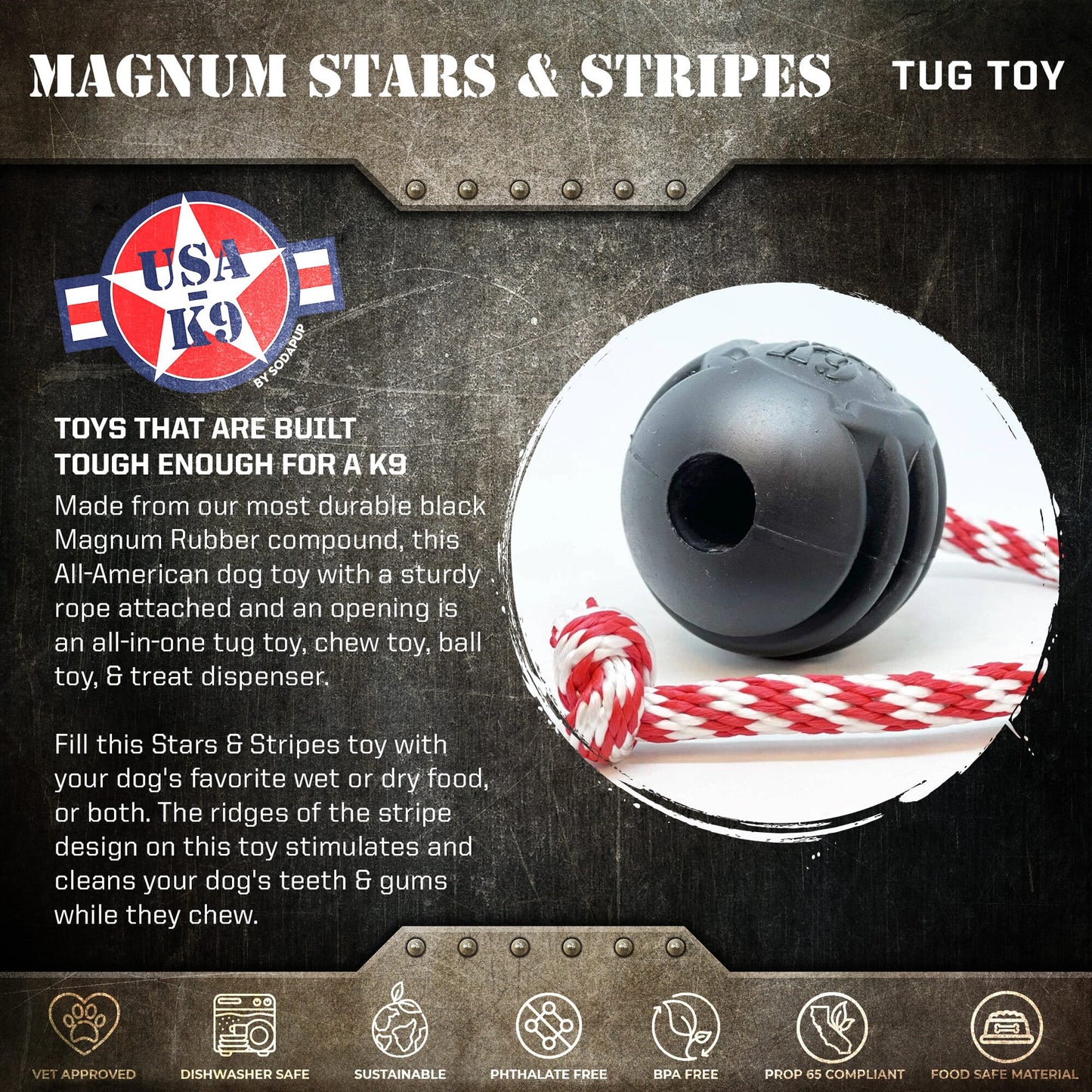 USA-K9 Magnum Black Stars and Stripes Ultra-Durable  Rubber Chew Toy, Reward Toy, Tug Toy, and Retrieving Toy - Black - Doot's Pet LLC Collars For A Cause