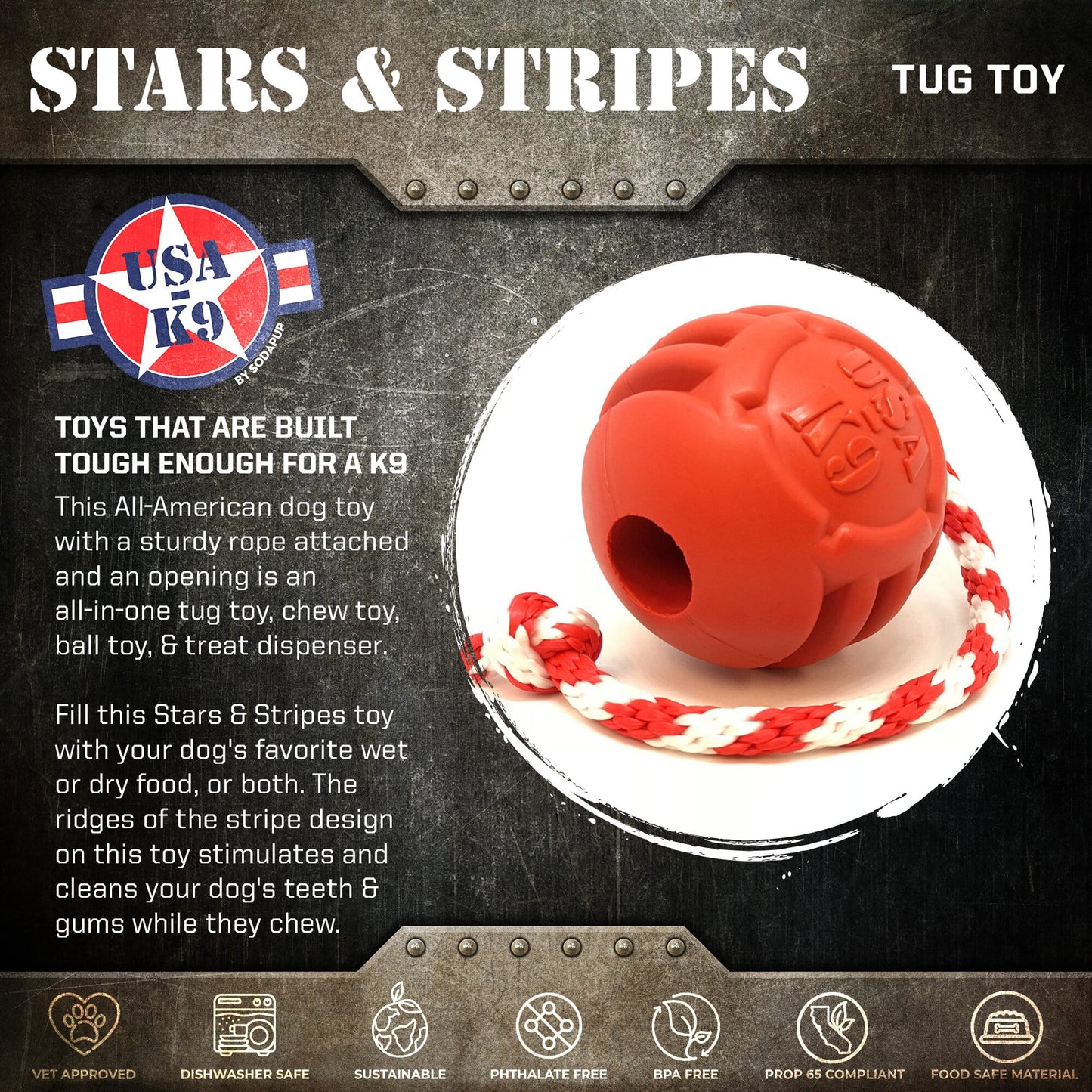 USA-K9 Stars and Stripes Ultra-Durable Durable Rubber Chew Toy, Reward Toy, Tug Toy, and Retrieving Toy - Red - Doot's Pet LLC Collars For A Cause