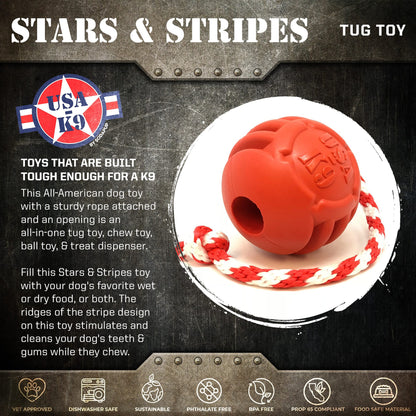 USA-K9 Stars and Stripes Ultra-Durable Durable Rubber Chew Toy, Reward Toy, Tug Toy, and Retrieving Toy - Red - Doot's Pet LLC Collars For A Cause