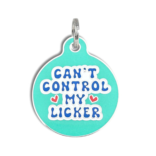 Bad Tags - Dog Tag w/ Personalized QR Code - Can't Control my Licker - Teal / Engraved QR Code / Large 1.25"