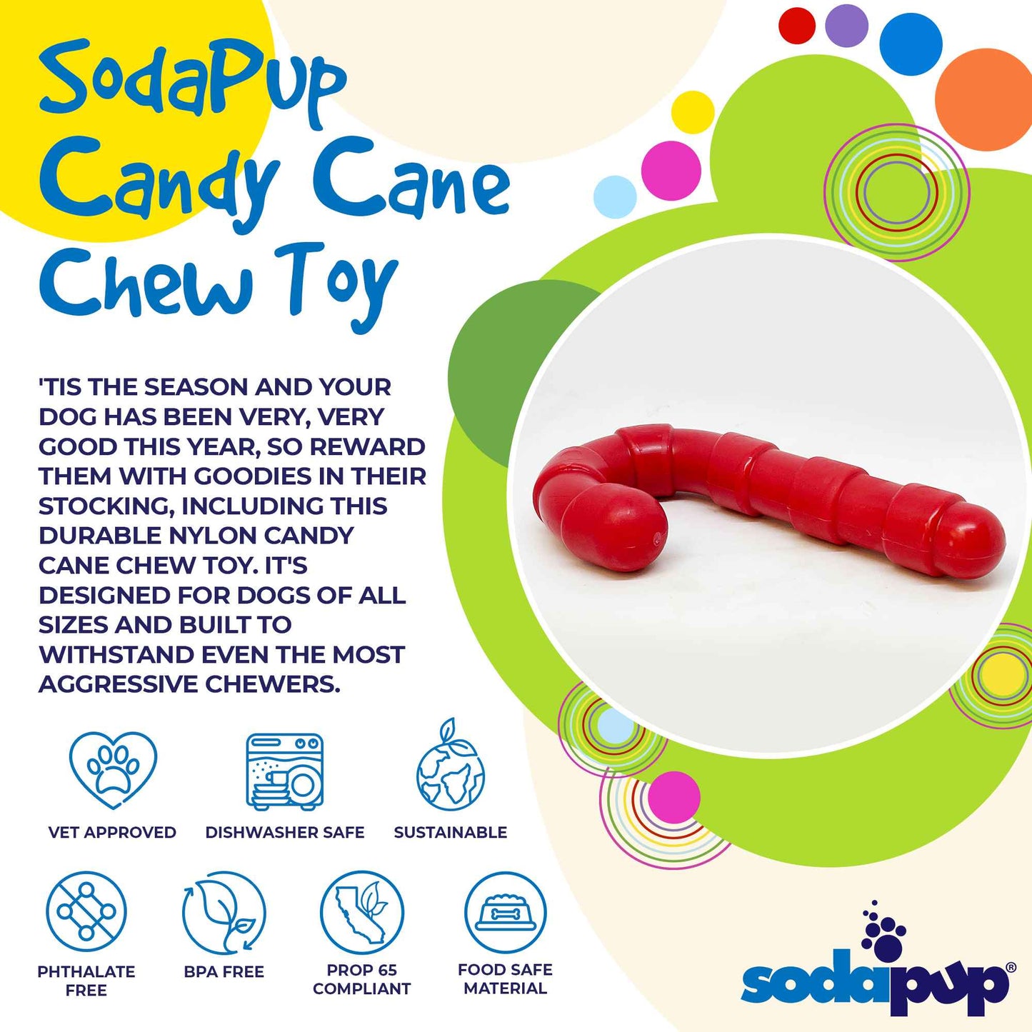 Candy Cane Nylon Dog Toy for Aggressive Chewers | USA Made | SodaPup - Doot's Pet LLC Collars For A Cause