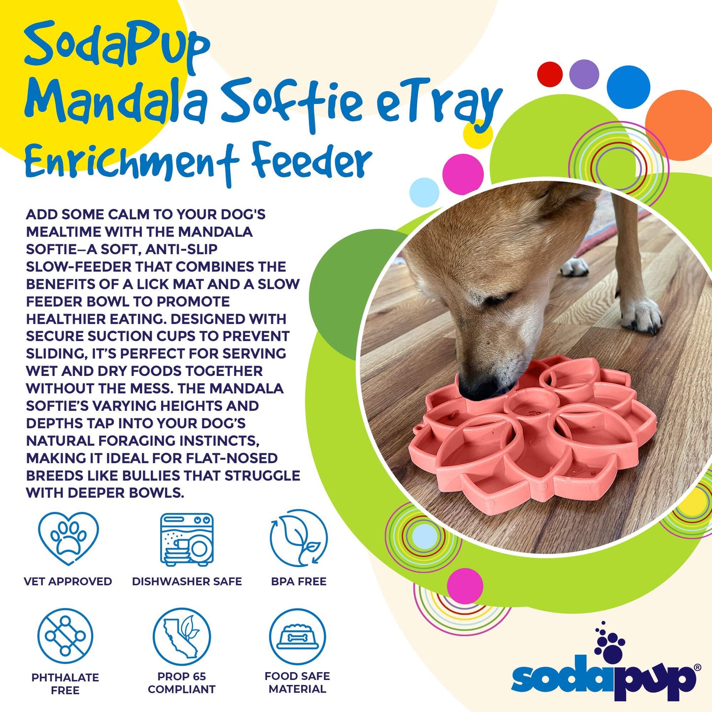Mandala Softie eTray Shallow Slow Feeder Dog Bowl with Suction Cups |  USA Made - Doot's Pet LLC Collars For A Cause
