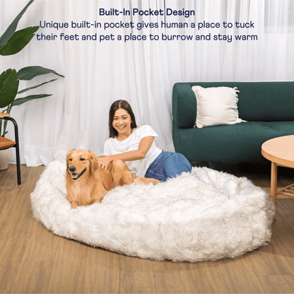 PupCloud™ Human-Size Faux Fur Memory Foam Dog Bed - White with Brown Accents - Doot's Pet LLC Collars For A Cause