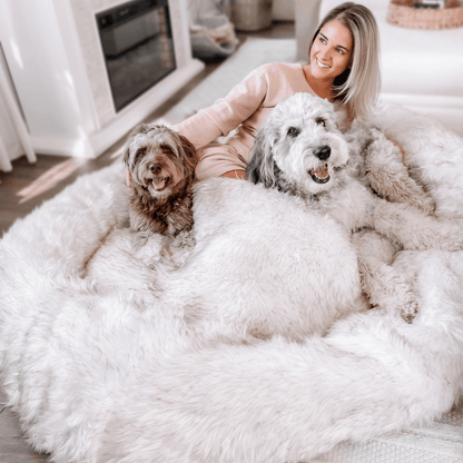 PupCloud™ Human-Size Faux Fur Memory Foam Dog Bed - White with Brown Accents - Doot's Pet LLC Collars For A Cause