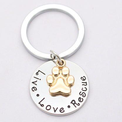 Pet Lover Dog Paw Necklace or Keychain "Live · Love · Rescue"