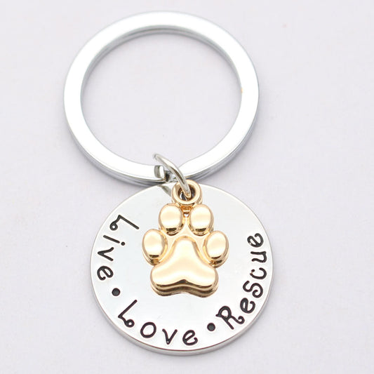 Pet Lover Dog Paw Necklace or Keychain "Live · Love · Rescue"