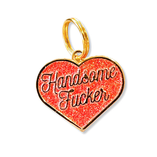 Bad Tags - Gold Heart Red Glitter Dog Collar Charm  - Handsome Fucker  - Engraved QR Code / Large 1.25"