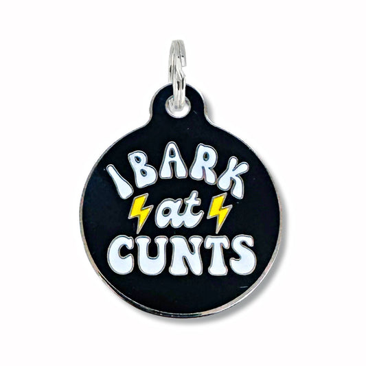 Bad Tags - Funny Dog ID Tag w/ Scannable QR Code - I Bark at Cunts - Large / Black / Engraved QR Code