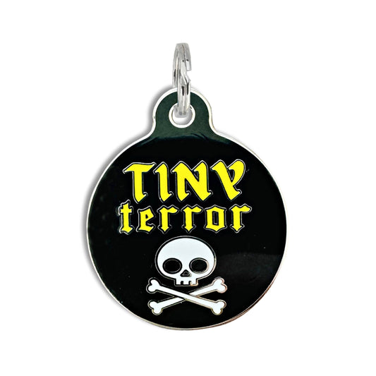 Bad Tags - Dog ID Tag with Personalized QR Code - Tiny Terror ☠️  - Engraved QR Code / Small 1"