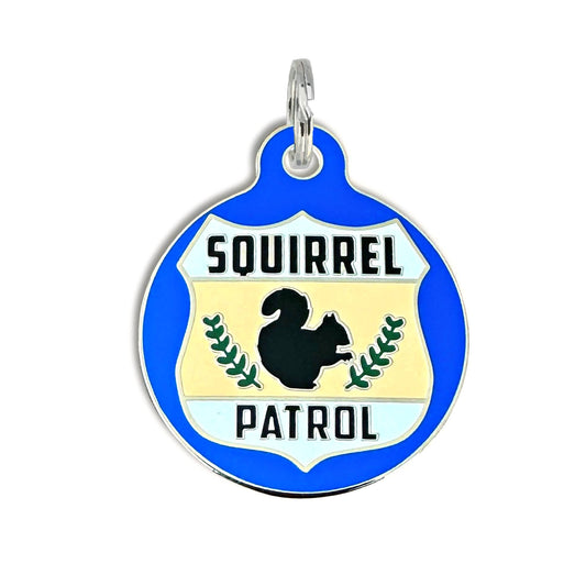 Bad Tags - Dog ID Tag with Personalized QR Code - Squirrel Patrol - Blue / Engraved QR Code / Large 1.25"