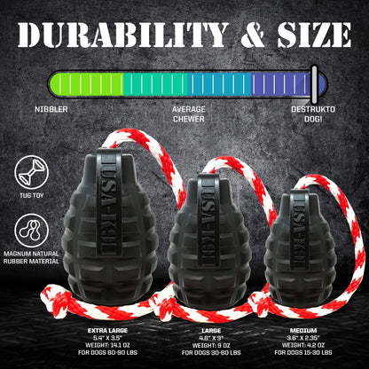 USA-K9 Magnum Grenade Shaped Durable Rubber Chew Toy, Treat Dispenser, Reward Toy, Tug Toy, and Retrieving Toy - Black Magnum - Doot's Pet LLC Collars For A Cause