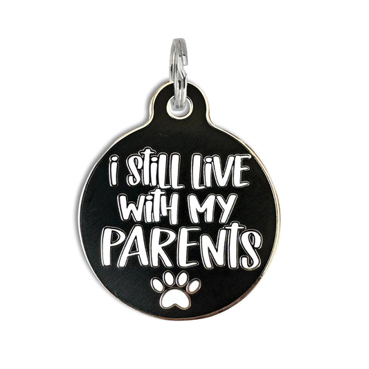 Bad Tags - Dog ID Tag with Personalized QR Code - Live with my Parents - Engraved QR Code / Large 1.25"