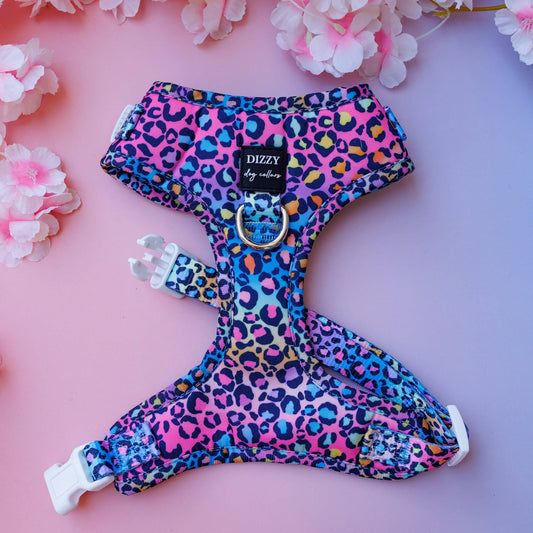 Dizzy Dog Collars - DOG HARNESS | Rainbow Ombre Leopard | Neck Adjustable Harness - Small