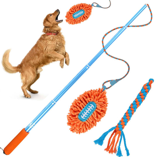 Wow Play - Dog Flirt Pole with American Football & Rope Tail Toys - Doot's Pet LLC Collars For A Cause