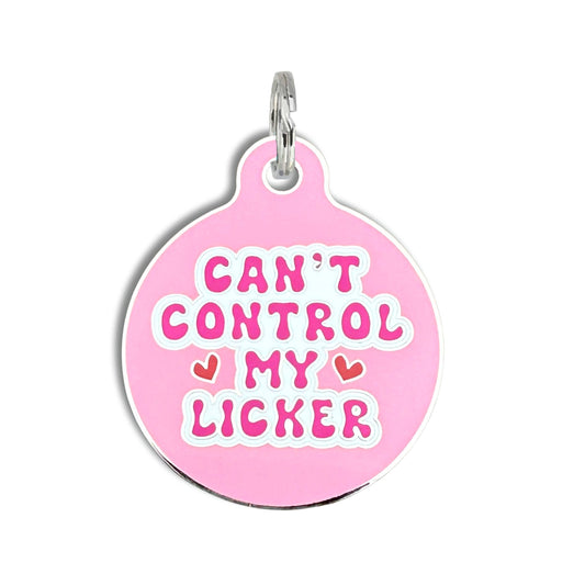 Bad Tags - Dog Tag w/ Personalized QR Code - Can't Control my Licker - Pink / Engraved QR Code / Large 1.25"