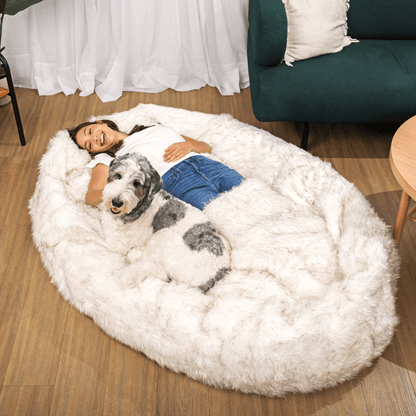 PupCloud™ Human-Size Faux Fur Memory Foam Dog Bed - White with Brown Accents - Doot's Pet LLC Collars For A Cause