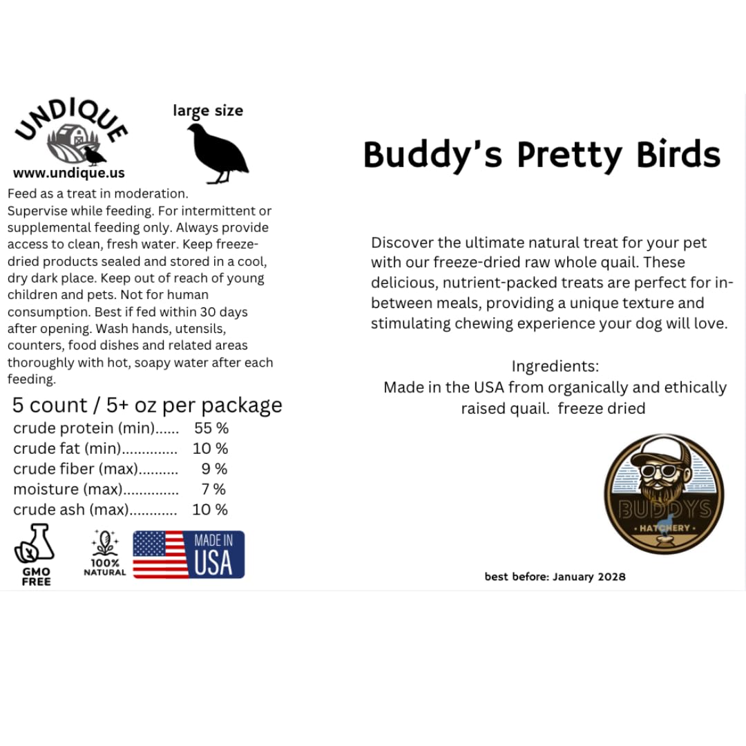 Bird Dog Training Quail - Premium Freeze-Dried Whole Quail for Dogs 5ct, Large (Chick) - Natural Prey Feeding Quality Protein Pet Treats - Doot's Pet LLC Collars For A Cause
