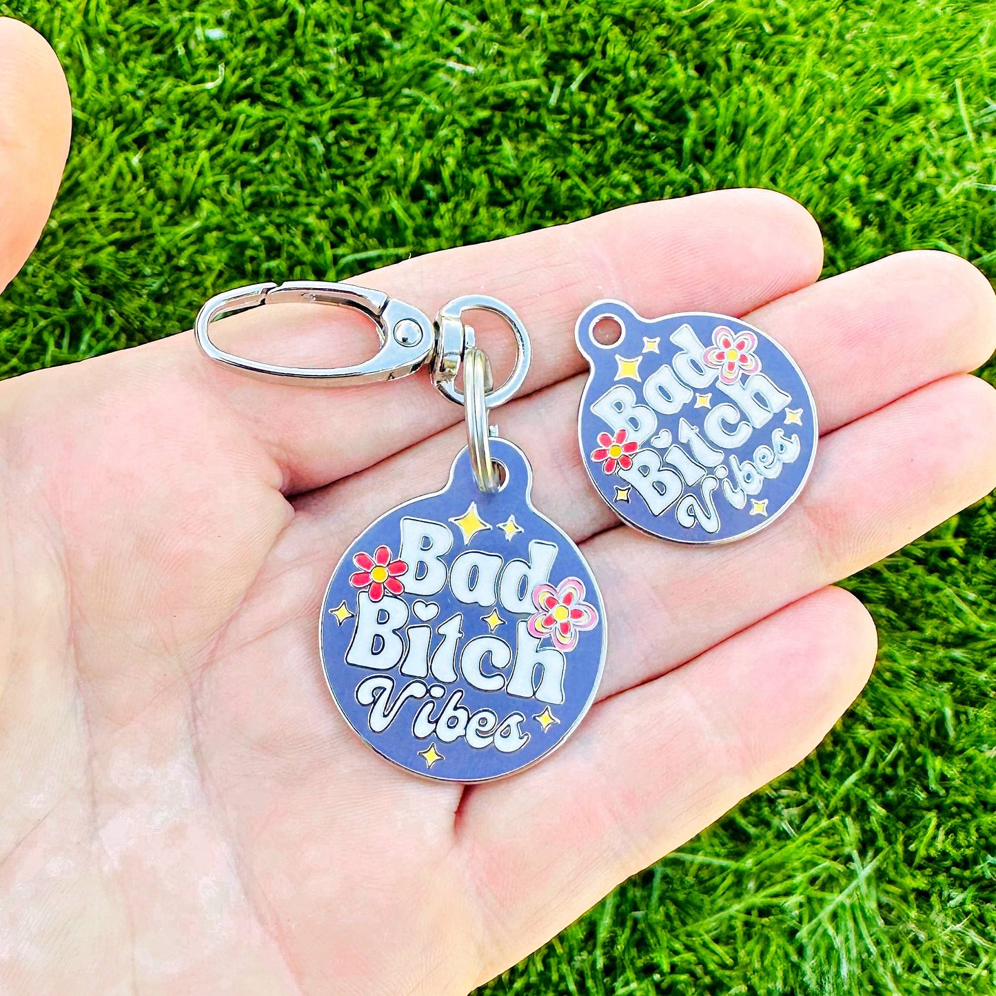 Bad Tags - Dog ID Tag with Personalized QR Code - Bad Bitch Vibes - Pink / Small 1" / Engraved QR Code