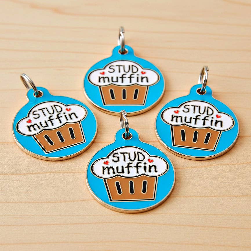 Bad Tags - Cute Pet ID Dog Tag Charm - Stud Muffin - Large 1.25" / Engraved QR Code