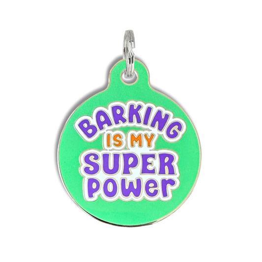 Bad Tags - Dog Tag w/ Personalized QR Code - Barking is my Super Power - Engraved QR Code / Large 1.25"