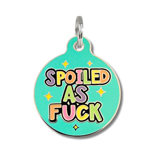 Bad Tags - Personalized Dog ID Tag w/ Scannable Code - Spoiled As Fuck - Engraved QR Code / Large 1.25"