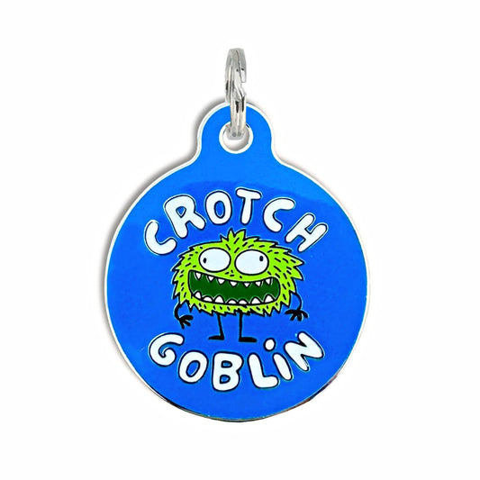Bad Tags - Dog ID Tag with Personalized QR Code - Crotch Goblin - Engraved QR Code / Large 1.25"