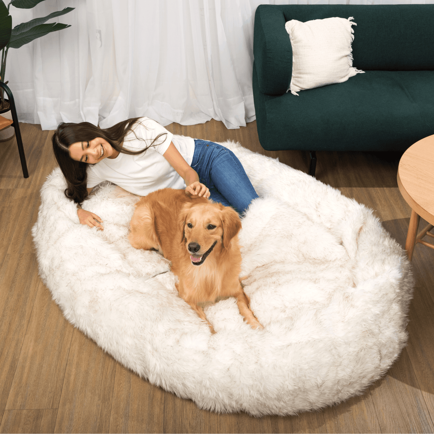 PupCloud™ Human-Size Faux Fur Memory Foam Dog Bed - White with Brown Accents - Doot's Pet LLC Collars For A Cause