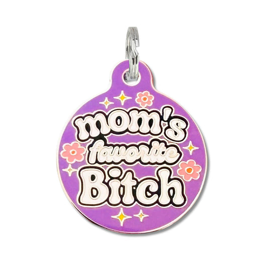 Bad Tags - Dog ID Tag with Personalized QR Code - Mom's Favorite Bitch - Purple / Engraved QR Code / Large 1.25"