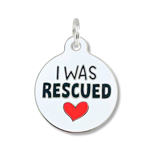 Bad Tags - Enamel Dog ID Tag w/ Personalized QR Code - I Was Rescued - Engraved QR Code / Large 1.25"